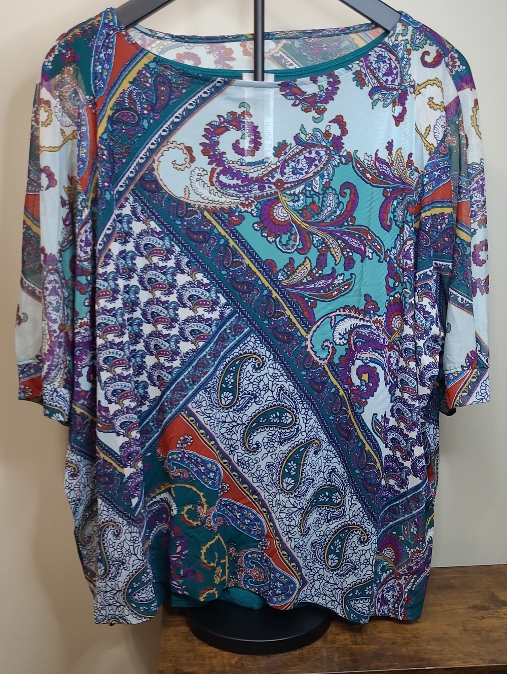 Chico's Colorful Paisley Overlay Blouse with Sheer Sleeves size 2 (Large)